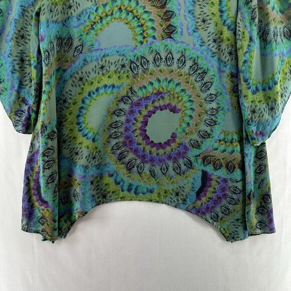 Tianello Blouse Womens M Boho Tunic Silk Printed Kimono Sleeve Asymmetric Green - Picture 6 of 11